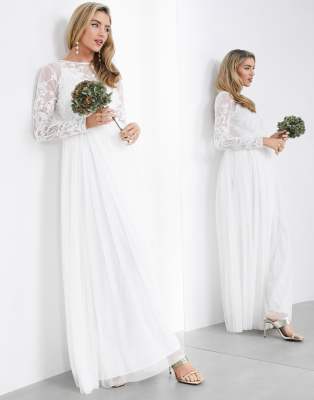 Asos edition long sleeve lace bodice sale maxi wedding dress with pleated skirt