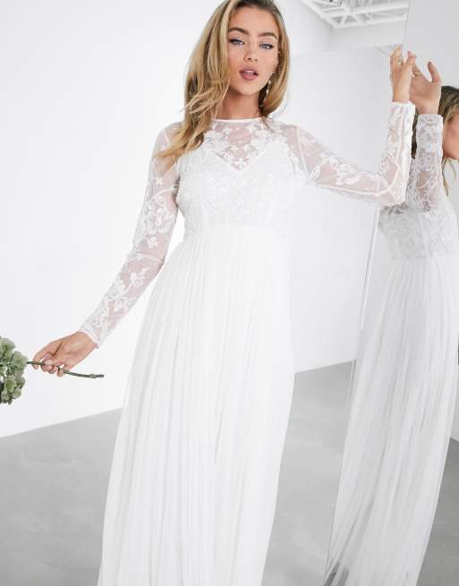 Asos edition long sleeve lace bodice store maxi wedding dress with pleated skirt