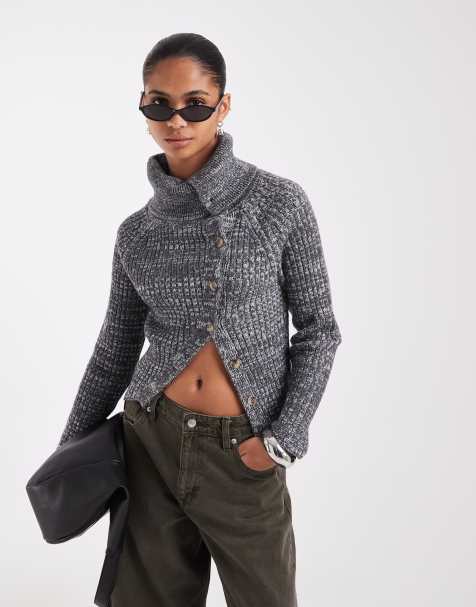 ASOS DESIGN aysm foldover funnel neck cardigan in grey marl - view 1