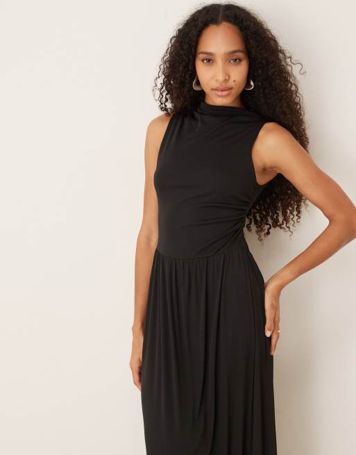 ASOS DESIGN aysm sleeve dropped waist midi dress in black, 3 of 4