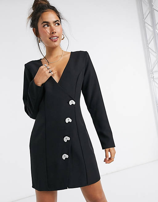 ASOS DESIGN aysmmetric wrap mini dress with contrast buttons in black ...