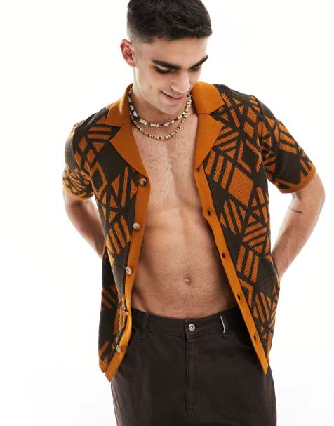 ASOS DESIGN – Aztec-mönstrad ribbstickad skjorta med platt krage - view 1