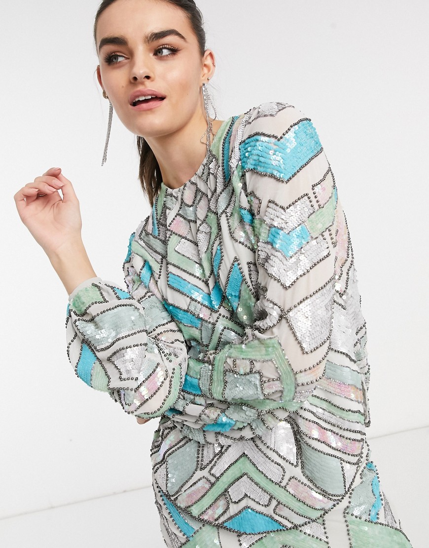 ASOS DESIGN aztec-style multi-colored embellished long sleeve top two-piece-Blues
