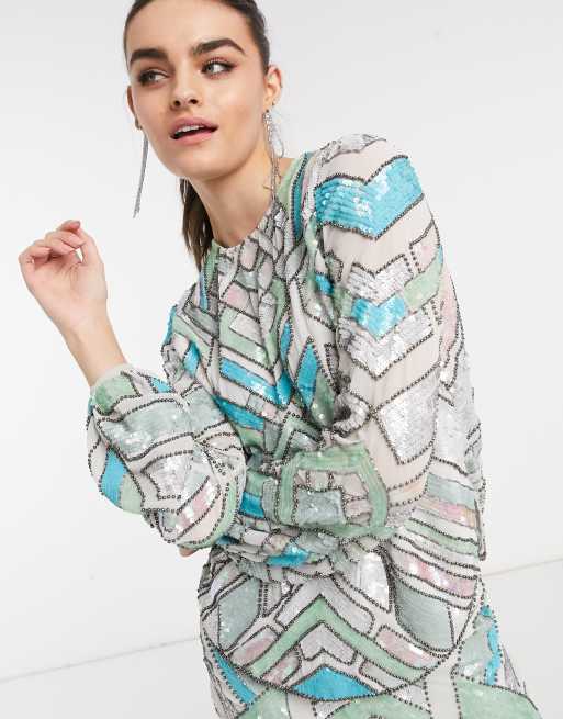 ASOS DESIGN aztec-style multi-colored embellished long sleeve top two-piece  | ASOS