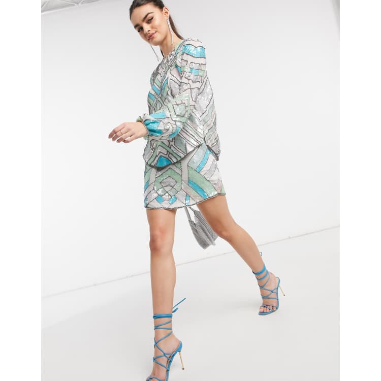 ASOS DESIGN aztec style multi colored embellished mini skirt two piece ASOS