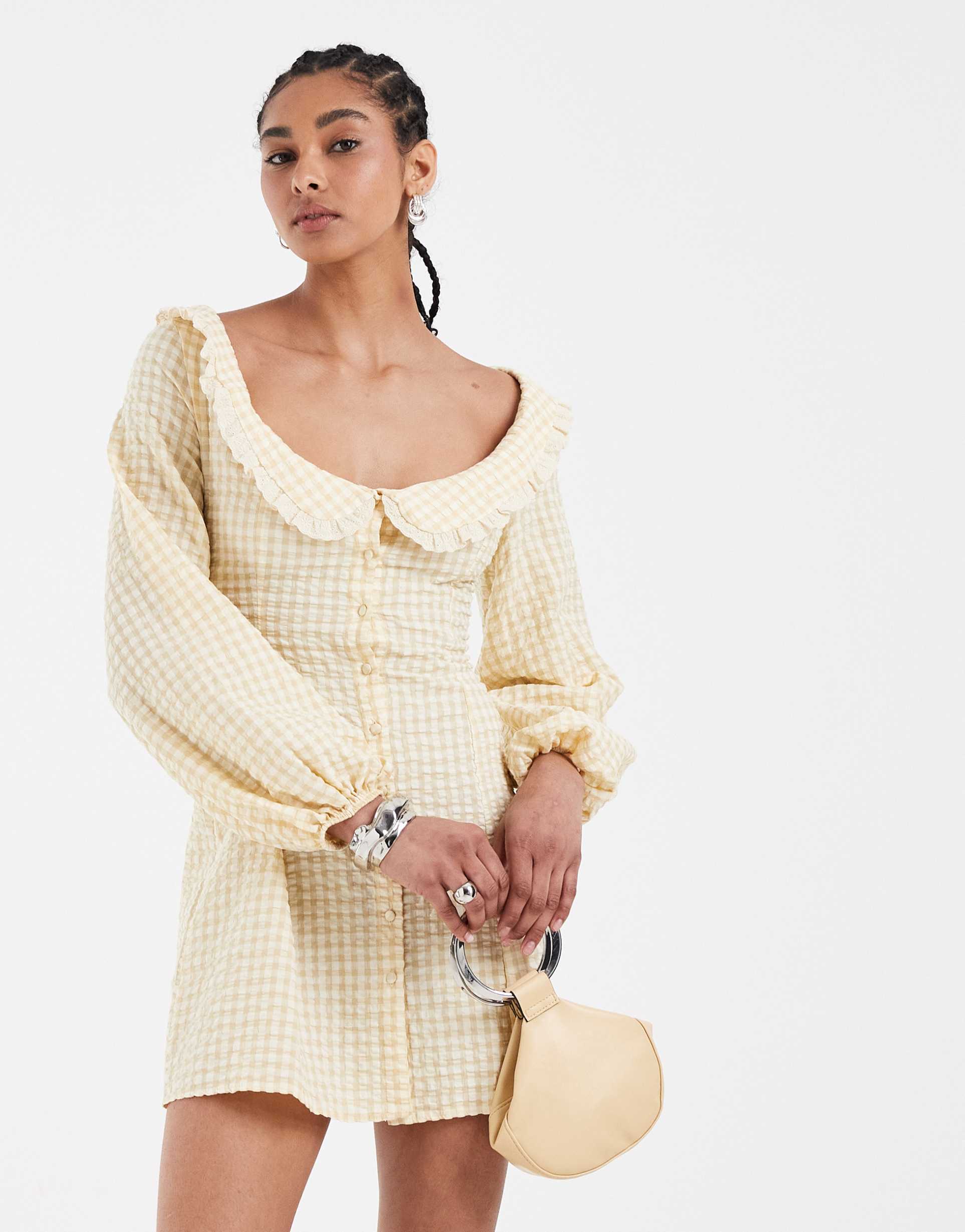 asos design baby doll collared mini dress with godets in yellow gingham