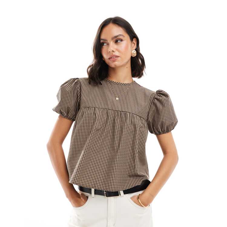 ASOS DESIGN baby doll puff sleeve tie back top in plaid | ASOS 