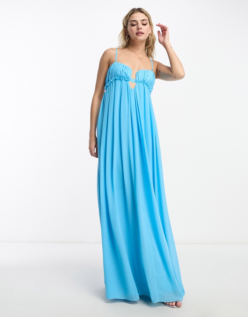 ASOS DESIGN baby doll ruched bust maxi dress in turquoise-Blue
