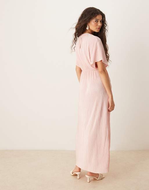 ASOS DESIGN - Baby-lyserød maxikjole med plisseringer, korte ærmer og slå-om-bindebånd, 4 af 4