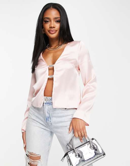 ASOS DESIGN baby pink satin top with diamante trims | ASOS