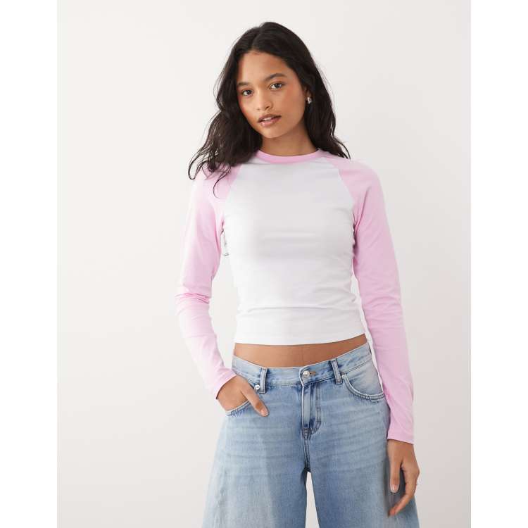 トップス Raglan logo tops pink ASOS DESIGN baby raglan long sleeve T-shirt in white and pink | ASOS
