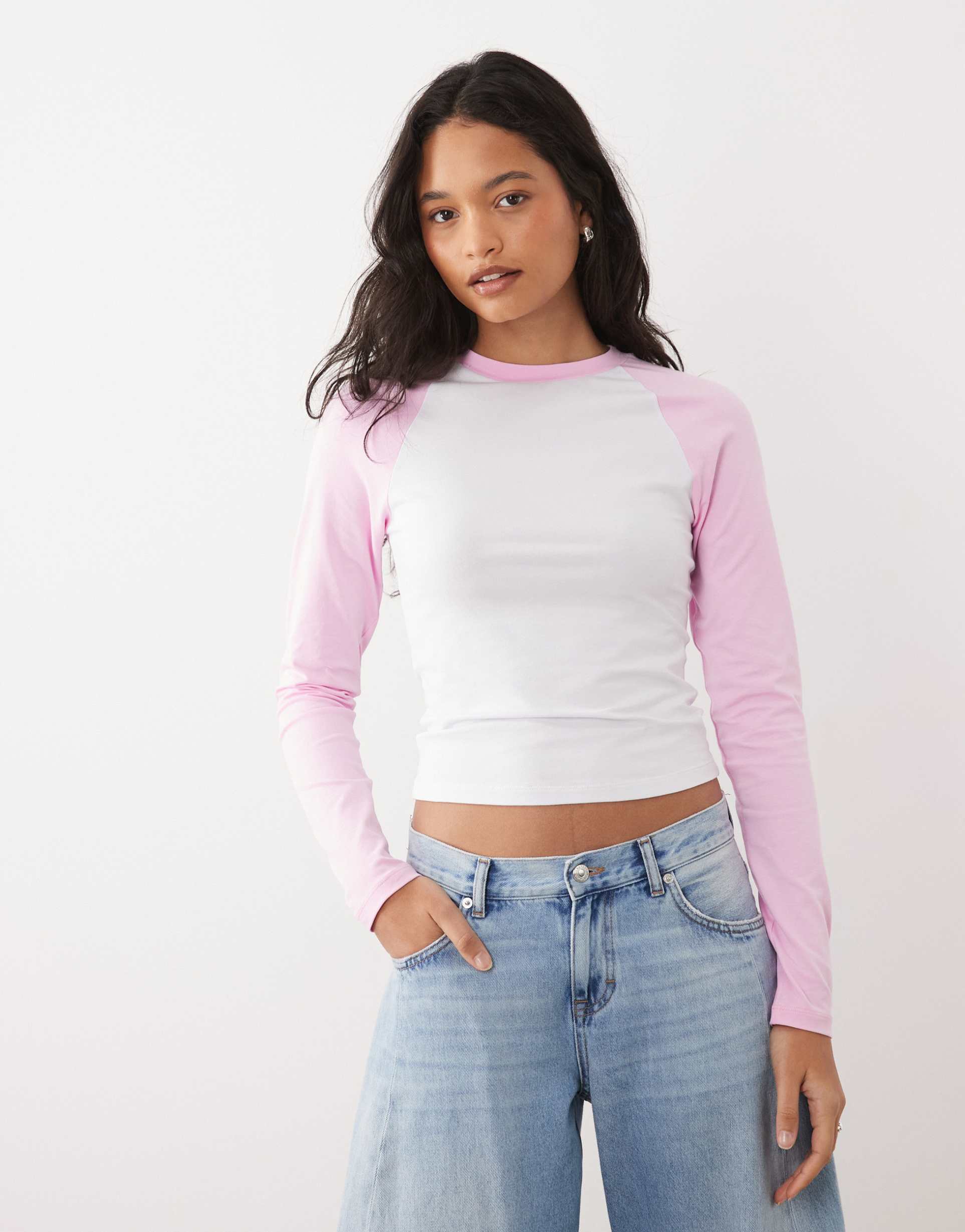 asos design baby raglan long sleeve t-shirt in white and pink