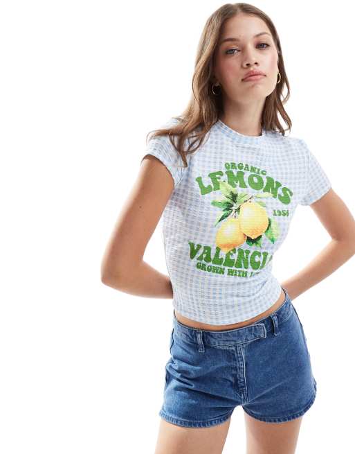 ASOS DESIGN - Baby-T-shirt i blå ginghamtern med citrongrafik