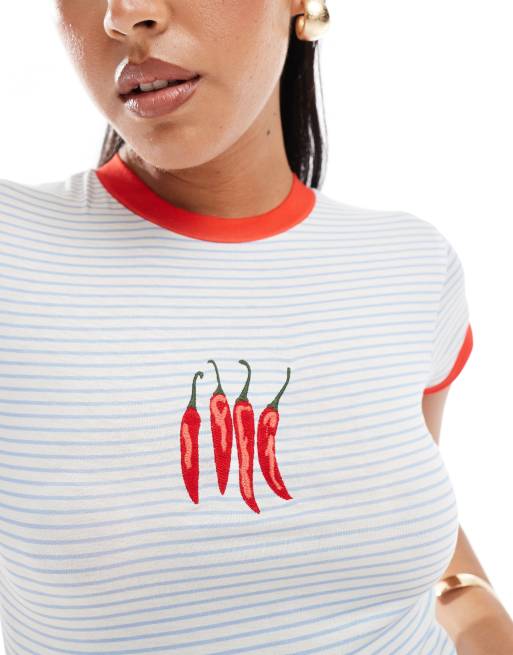 ASOS DESIGN - Baby-T-shirt med blå striber og chili-brodering, 2 af 4