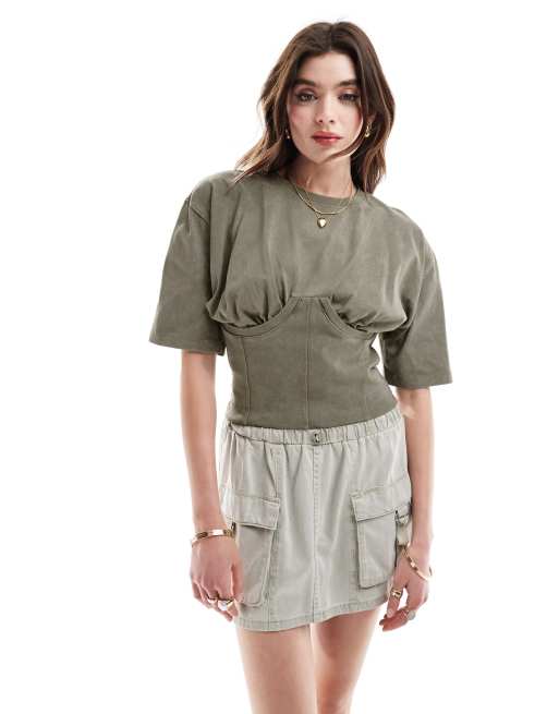 ASOS DESIGN - Baby-T-shirt med korsetdel i grøn vask, 2 af 4