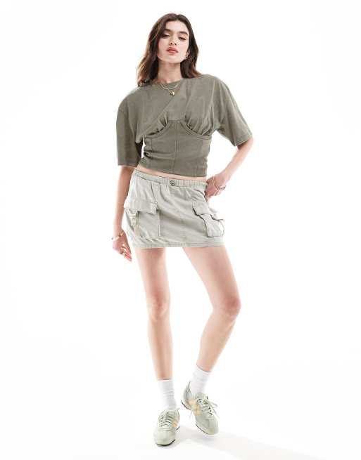 ASOS DESIGN - Baby-T-shirt med korsetdel i grøn vask, 4 af 4