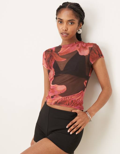 ASOS DESIGN - Baby-T-shirt med lyserødt blomstermønster i mesh