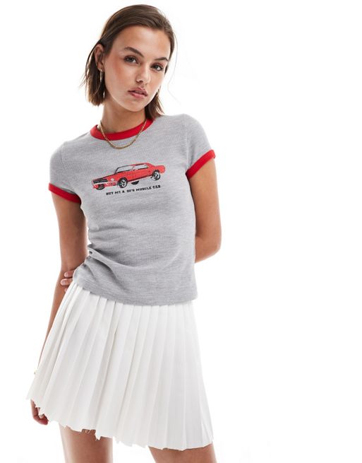 FhyzicsShops DESIGN - Baby T-shirt met een gekleurd randje, wafelstructuur en 'Muscle Car'-print in gemêleerd grijs