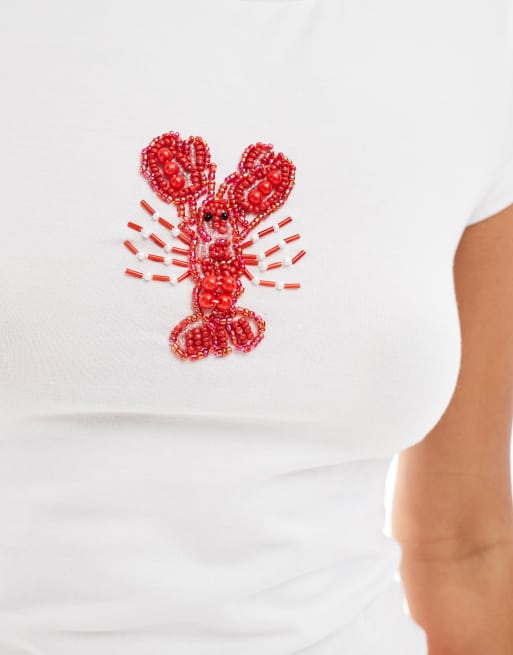 ASOS DESIGN - Baby T-shirt met kreeft met kralen in wit, 3 van 4