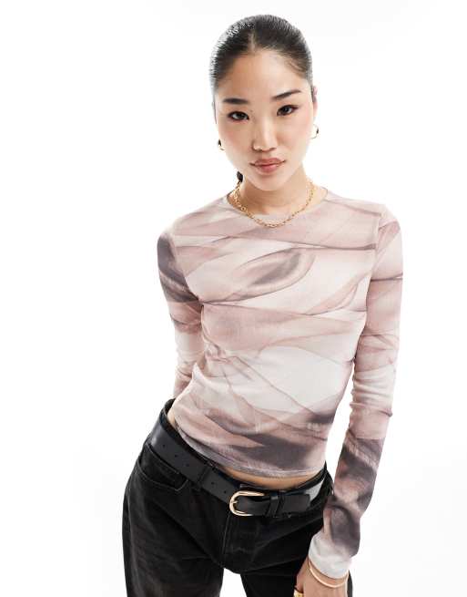 ASOS DESIGN - Baby T-shirt met lange mouwen van mesh met print van stofeffect