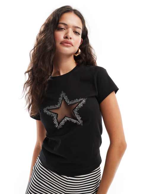 ASOS DESIGN - Baby-T-shirt met sterprint van hotfix siersteentjes in zwart