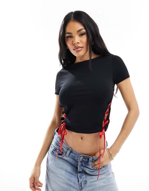 ASOS DESIGN - Baby T-shirt met veters van lint in zwart