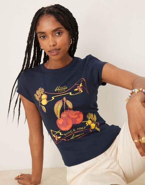 ASOS DESIGN - Baby T-shirt met vintage kersenprint in marineblauw - view 1