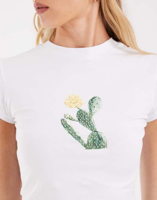 ASOS DESIGN Baby-T-Shirt mit Kaktusgrafik aus Perlen in Weiß, 2 von 4