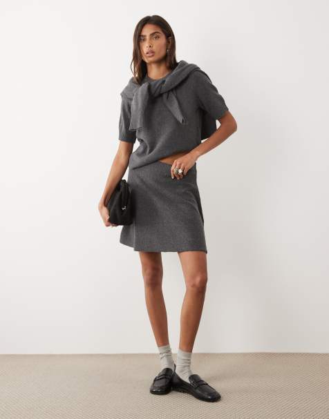 ASOS DESIGN baby tee and mini skirt with wool co-ord in charcoal - view 1