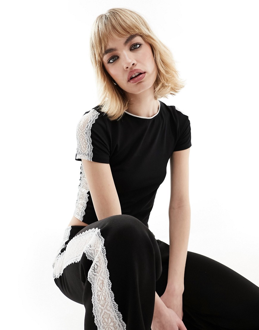 ASOS DESIGN baby tee co ord with lace contrast in black