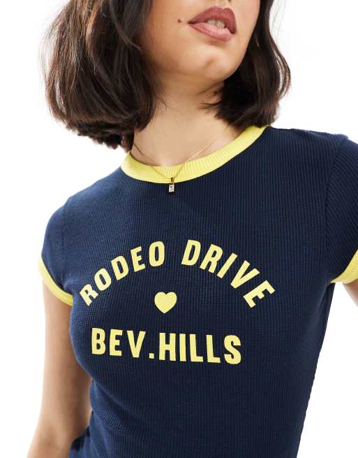ASOS DESIGN baby tee in waffle with Beverly Hills graphic in navy