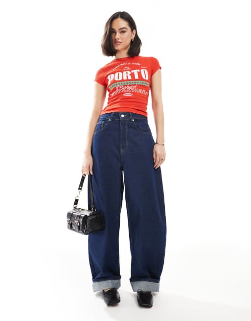 ASOS DESIGN baby tee in waffle with Porto graphic in red