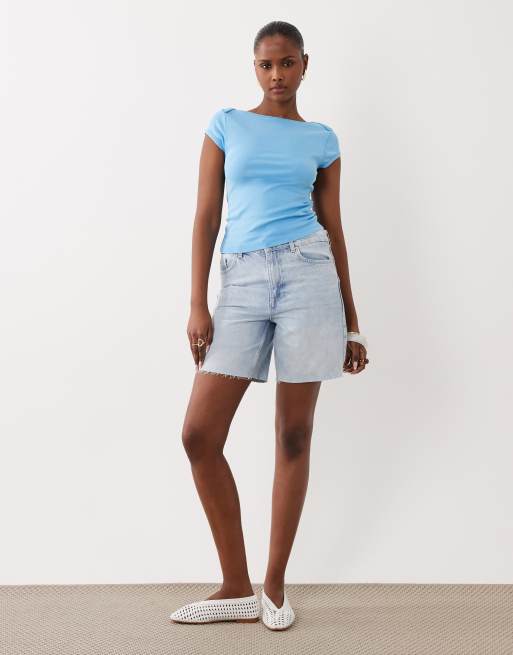 ASOS DESIGN - Baby tee met boothals en korte mouwen in blauw met wassing, 2 van 4