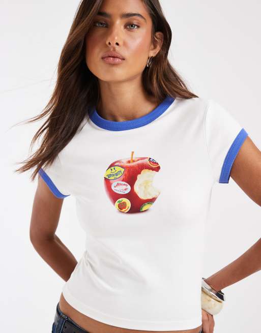 ASOS DESIGN - Baby tee met grafische appelprint in wit en blauw, 2 van 4