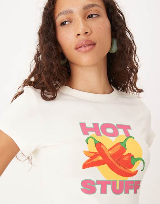 ASOS DESIGN - Baby tee met grafische 'Hot Stuff Chili'-print in crème, 4 van 4