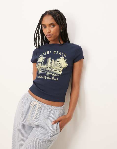 ASOS DESIGN - Baby tee met grafische Miami Beachprint met gingham ruit in marineblauw - view 1