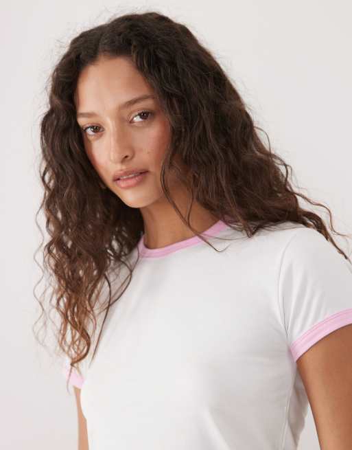 ASOS DESIGN - Baby tee met korte mouwen en contrasterende bies in wit en lichtroze, 3 van 4
