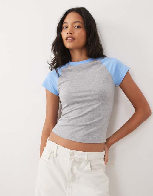 ASOS DESIGN - Baby tee met korte raglanmouwen in grijs en blauw, 2 van 4