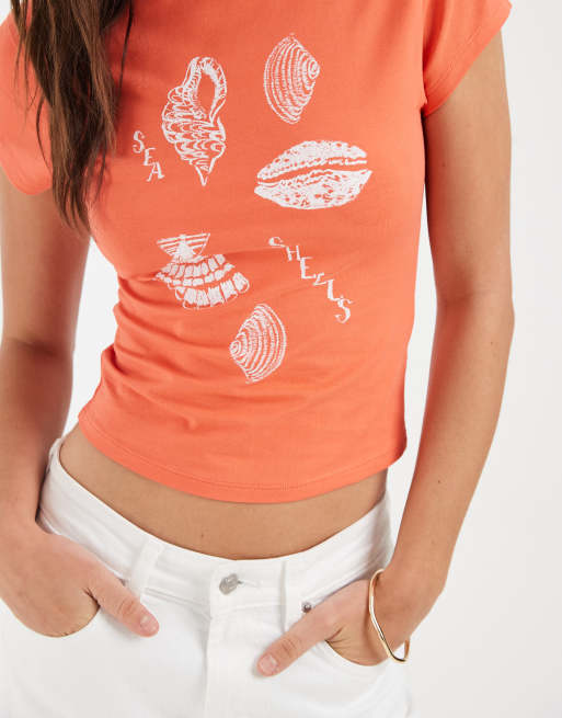ASOS DESIGN - Baby tee met print van zeeschelpen in koraaloranje, 2 van 4