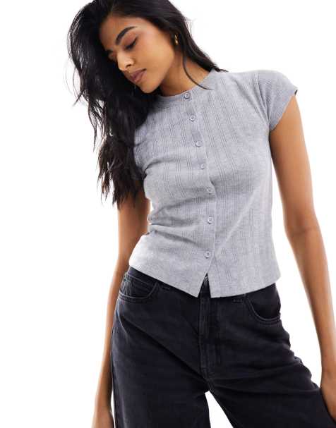 ASOS DESIGN baby tee pointelle cardigan in grey marl - view 1