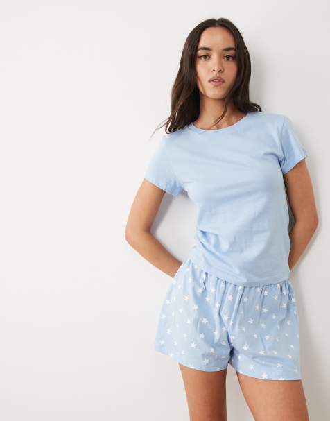 ASOS DESIGN baby tee & pyjama short set in blue with star print - view 1