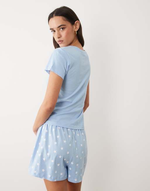 ASOS DESIGN baby tee & pyjama shorts set in blue with star print, 3 of 4