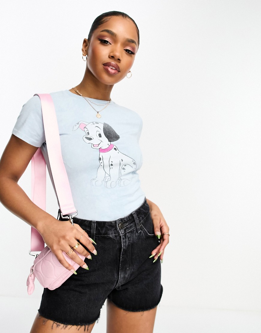 ASOS DESIGN baby tee with 101 dalmatian disney license graphic in soft blue