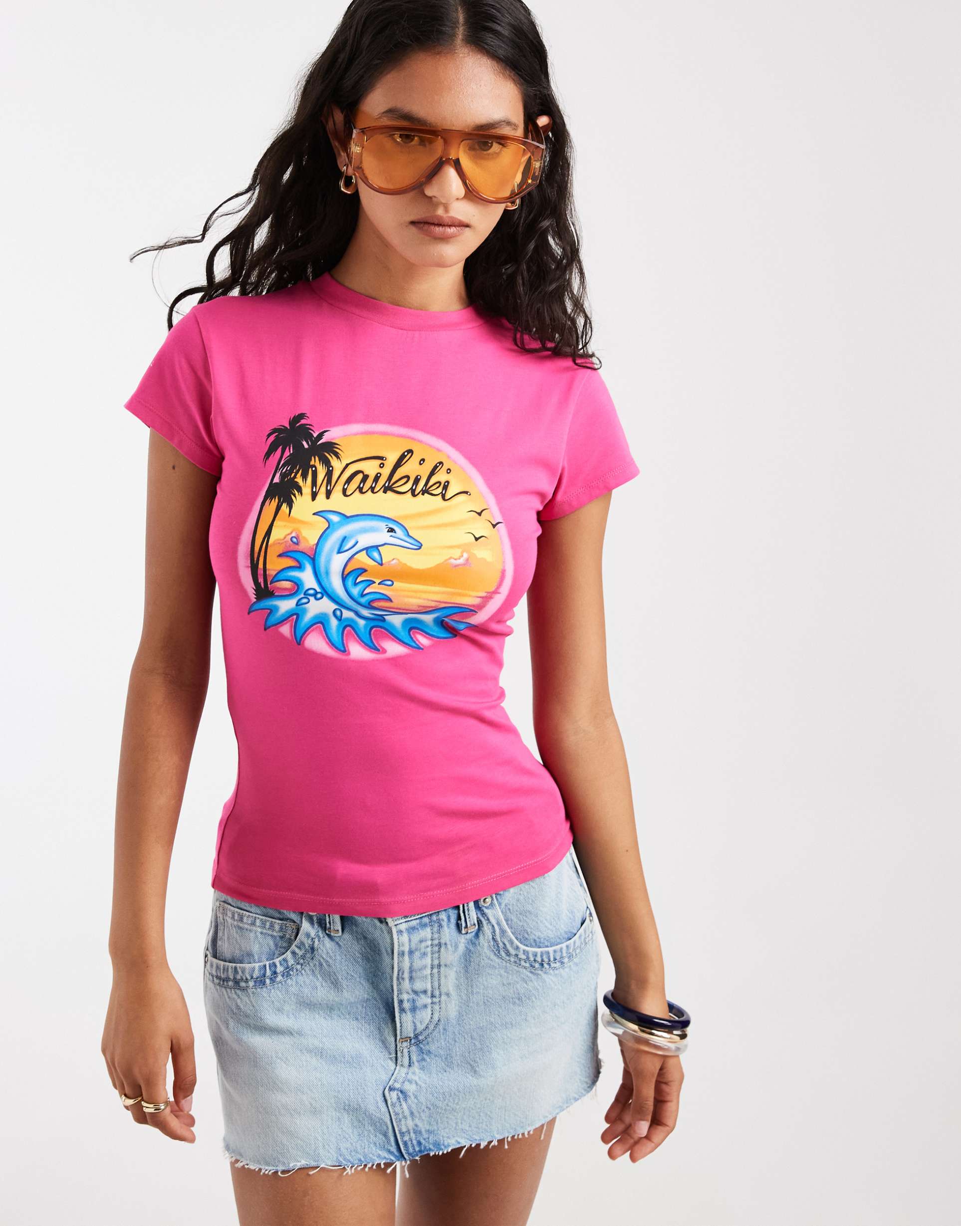 asos design baby tee with airbrush vacation graphic in pink