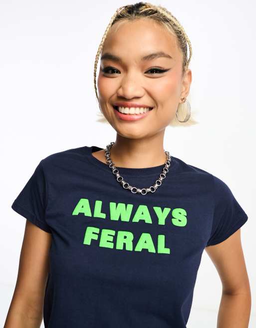 ASOS DESIGN baby tee with always feral graphic in navy