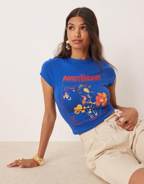 ASOS DESIGN baby tee with Amsterdam floral graphic in blue - view 1