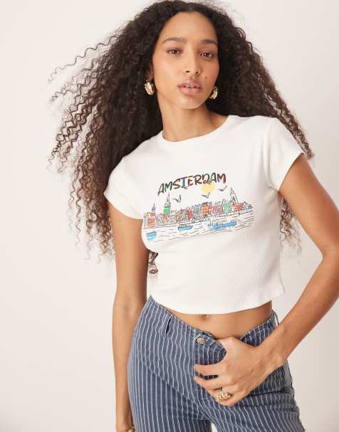 ASOS DESIGN baby tee with amsterdam location graphic in cream - view 1
