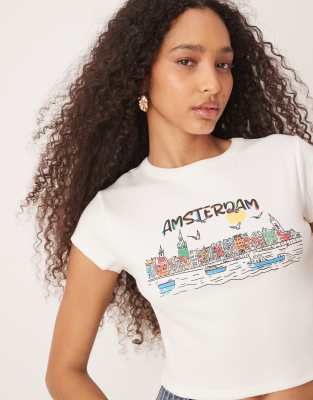 Asos Design Baby Tee With Amsterdam Location Graphic In White