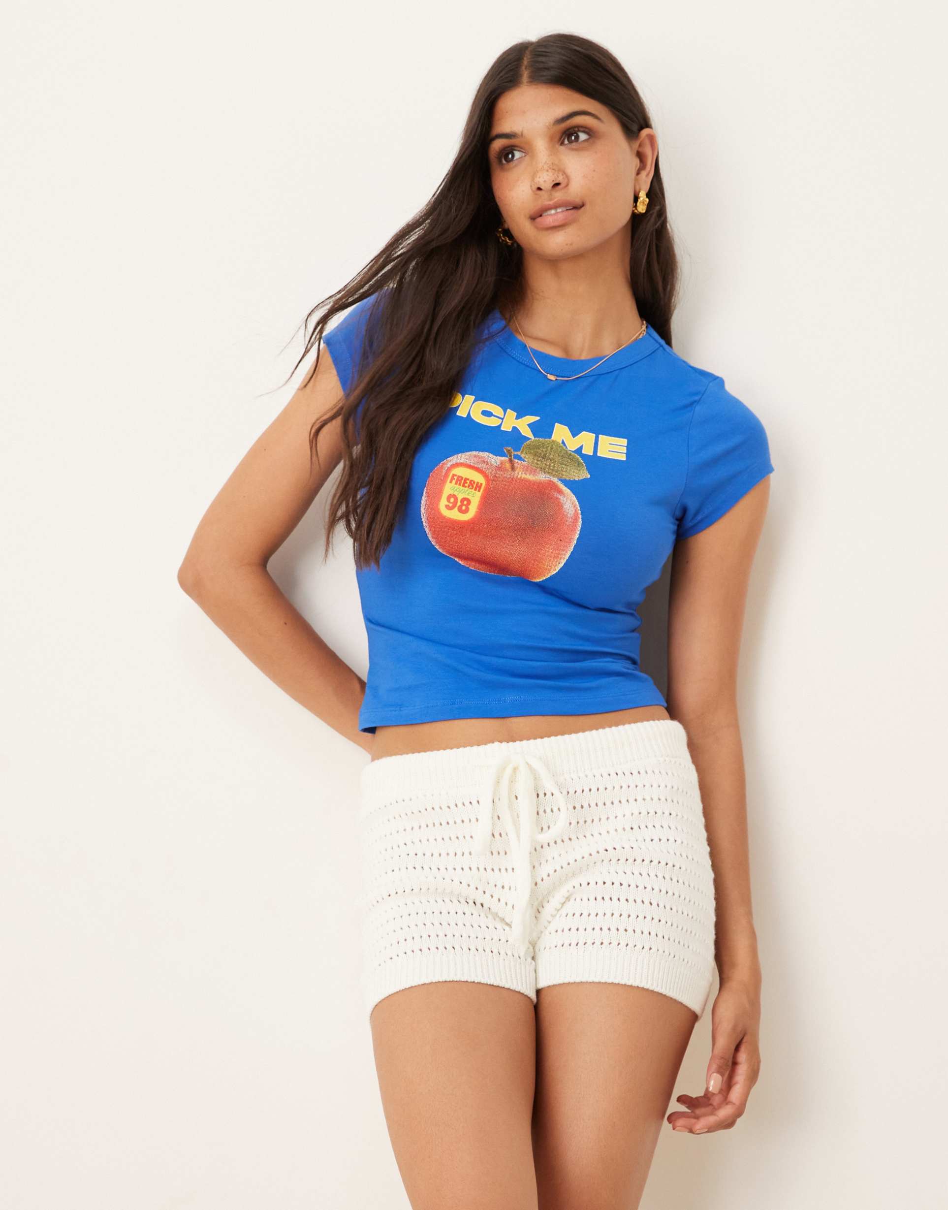 asos design baby tee with apple graphic in blue