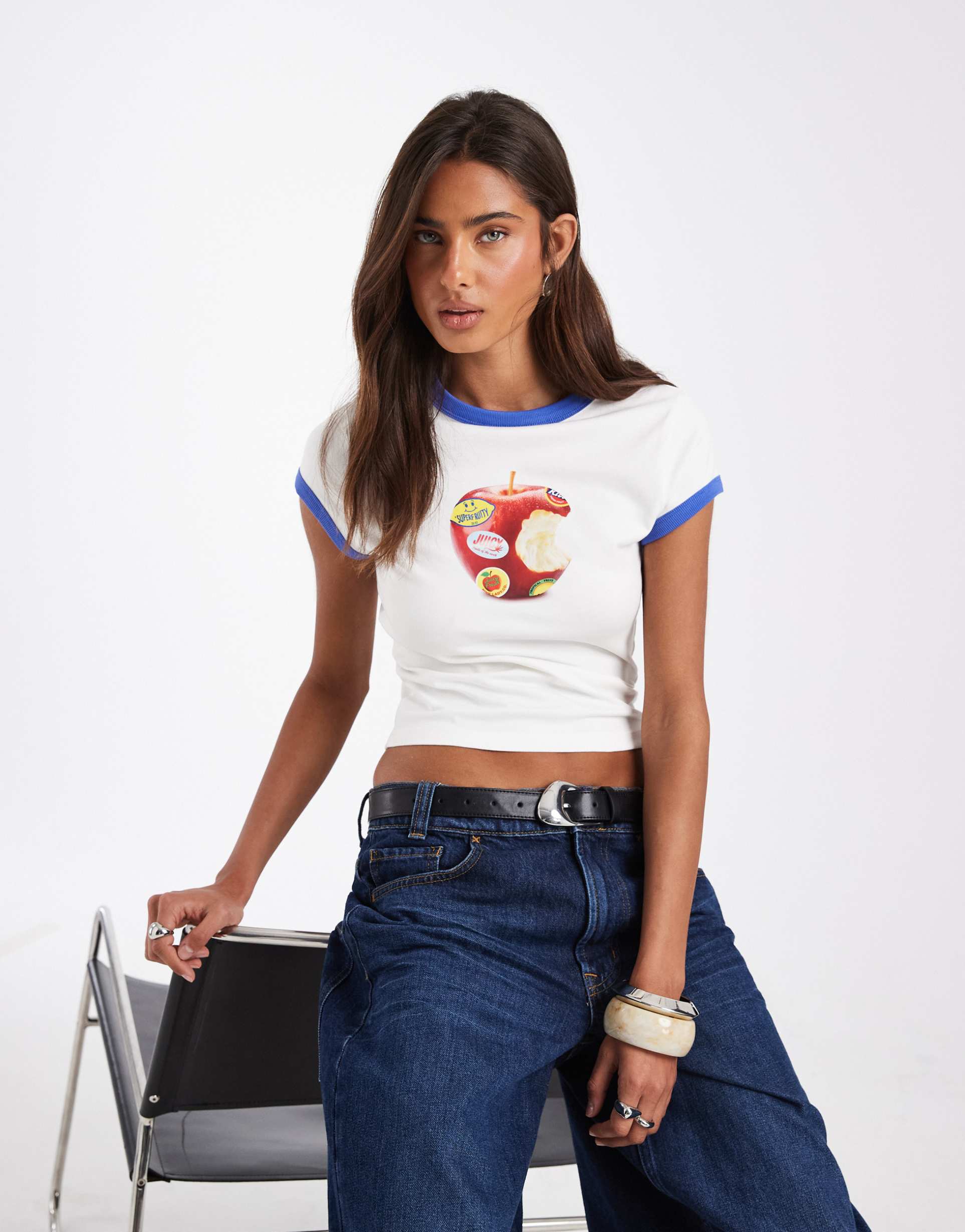 asos design baby tee with apple sticker graphic in white and blue